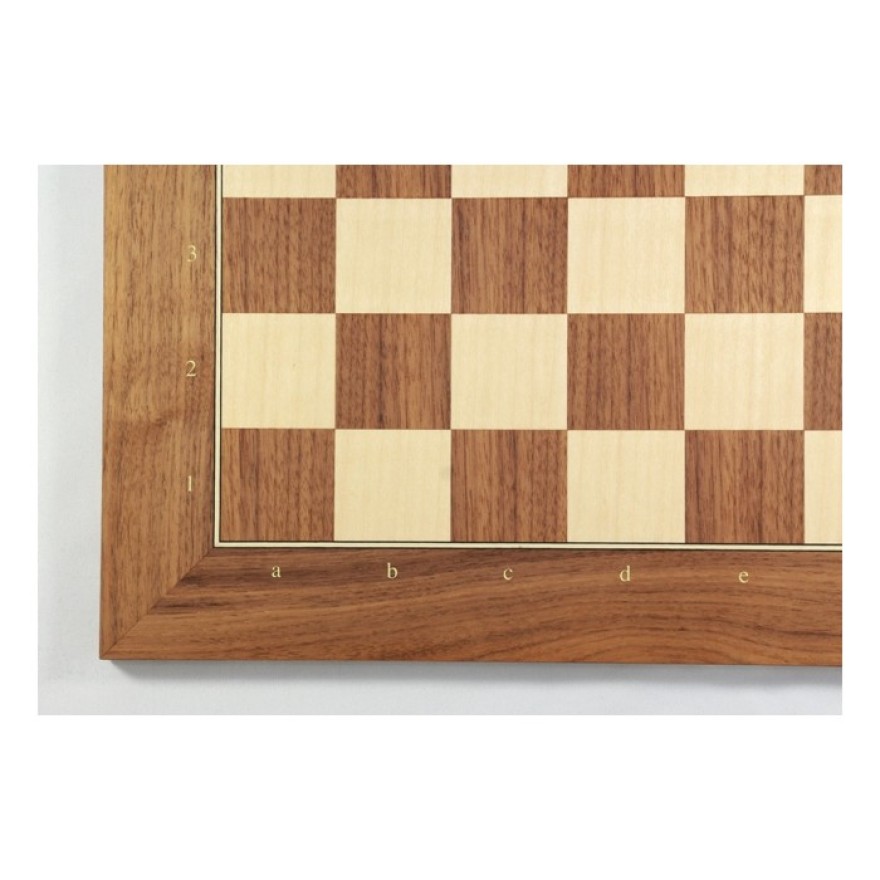 Schachbrett Turnier Nußbaum und Ahorn, Intarsie, matt lackiert, Feldgröße 55 mm, mit Zahlen und Buchstaben