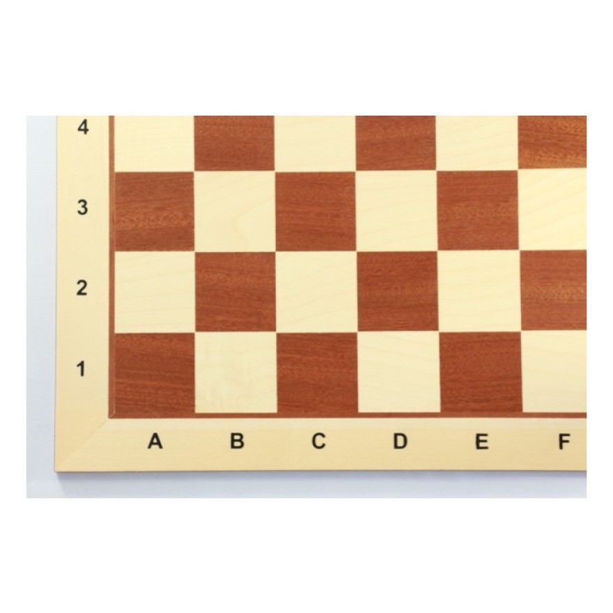 Schachbrett Turnier, Mahagoni und Ahorn, Intarsie, matt lackiert, Feldgröße 58 mm, mit Zahlen und Buchstaben