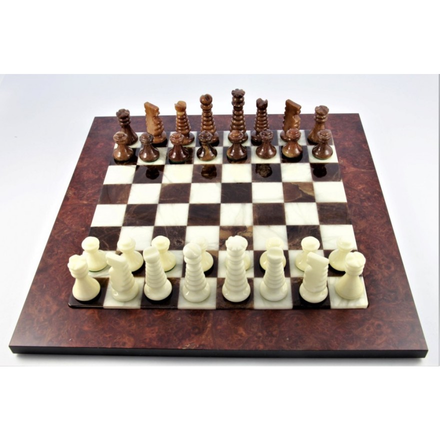 Schachspiel - Alabaster braun und natur mit sehr exklusivem Holzrand, Einzelstück