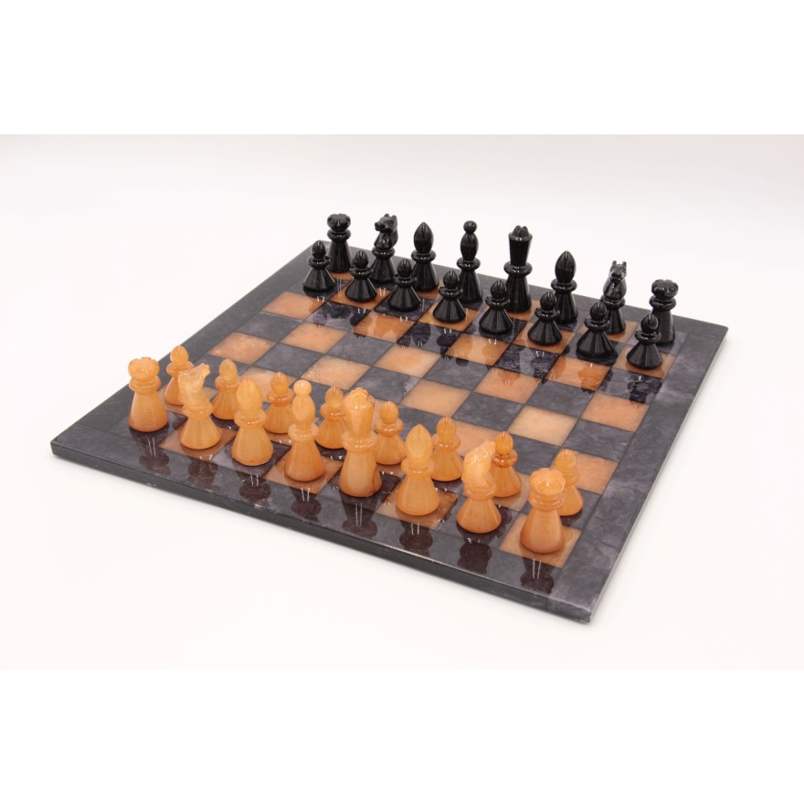 Schachspiel - Alabaster bernsteinfarben und anthrazit